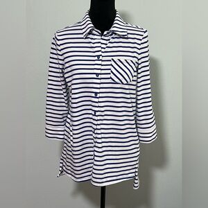 TYLER BÖE Blue and White Striped 3/4 Sleeve Cotton Button Front Top- S